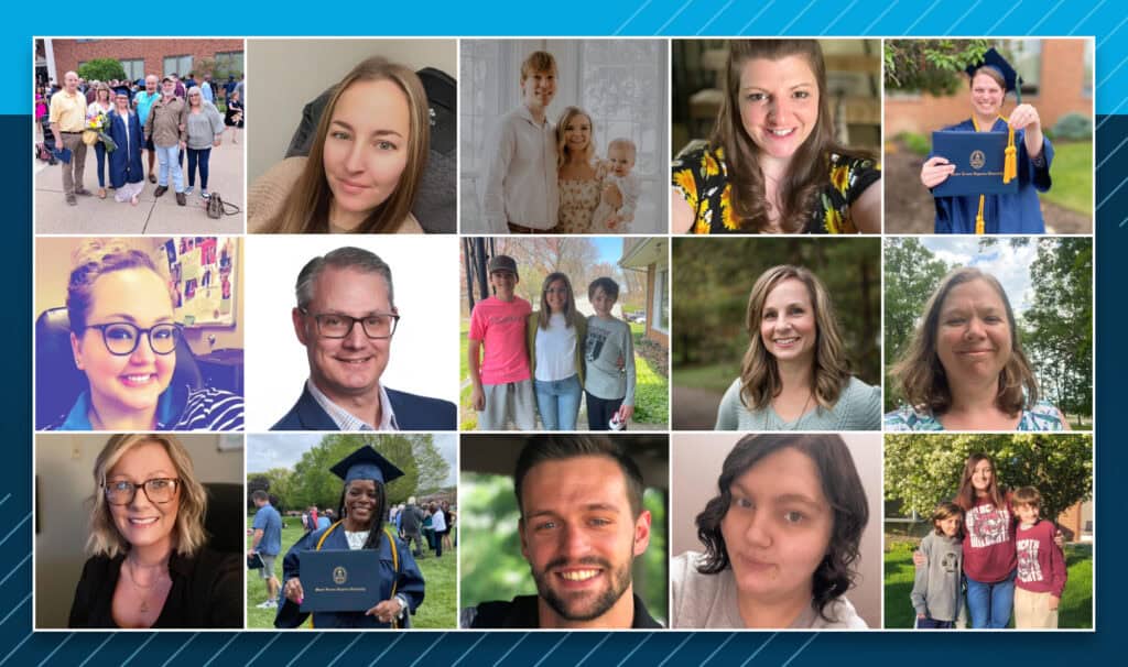A collage of MVNU online students and graduates smiling with their families, showcasing the diverse faces behind the online student experience.