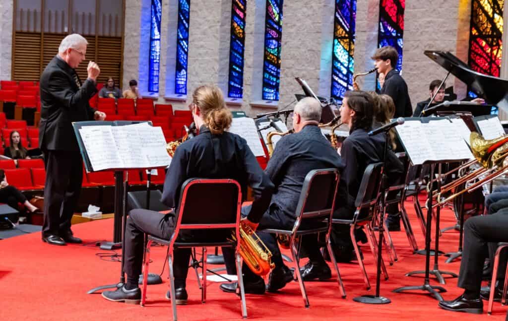 Mr. Chuck Dettmar, left, directs the MVNU Jazz Band during their performance earlier this school year. The Jazz Band, along with all of the other MVNU ensembles and choirs, will be performing a year-end concert on Saturday, April 26, at 3 p.m. in the R.R, Hodges Chapel/Auditorium. (Photo courtesy of Mount Vernon Nazarene University)